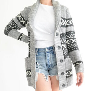 Sansara Grey Aztec  Knit 30% Wool Cardigan Sweater M